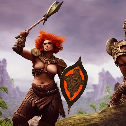 Prompt: armoured ginger dwaven women wielding a hammer and shield, jungle clearing, awesome floating mountain in the shape of a human heart. 4k realism landscape