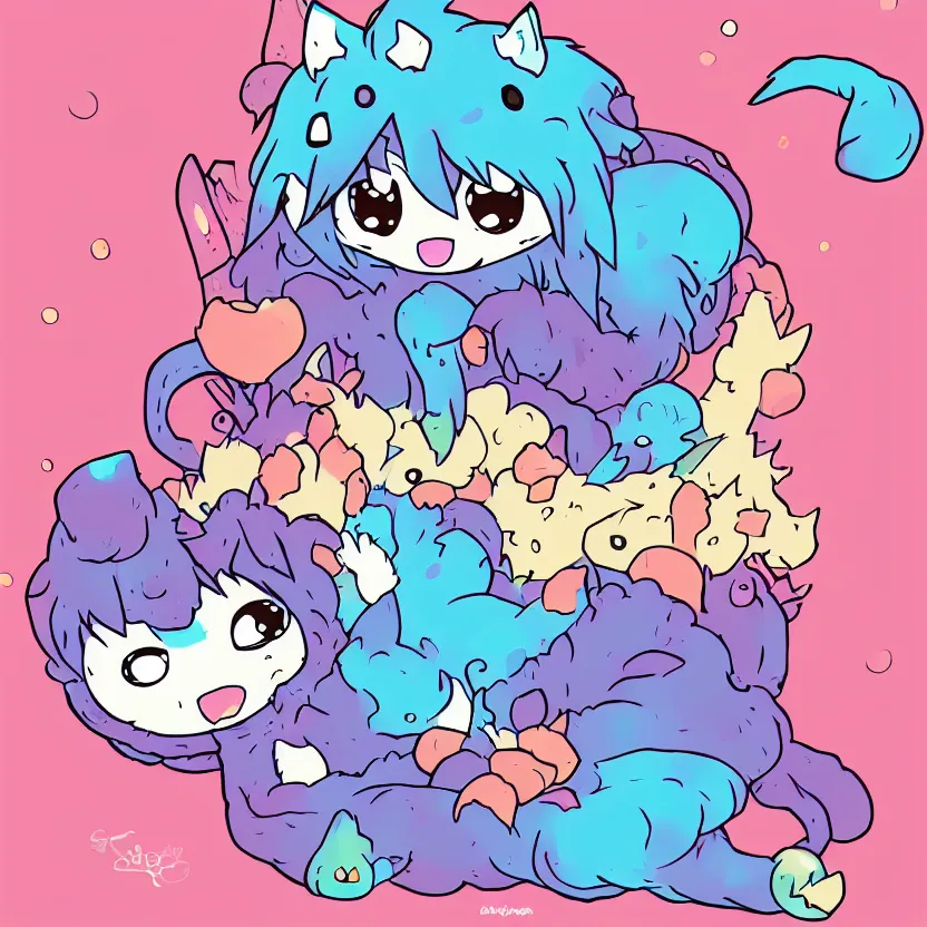 Image similar to Ippity the snuggle monster, anime chibi adorable monster, digital art with gradient shading