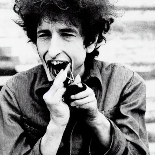 Image similar to bob dylan eating worms, grinning like a child, photograph