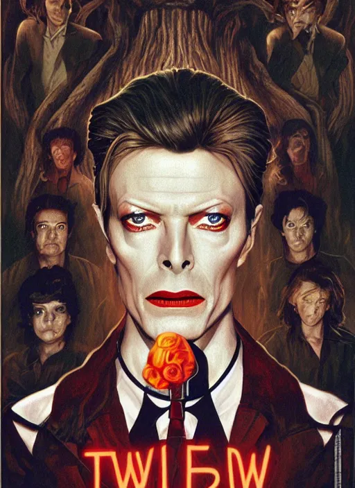 Image similar to twin peaks poster art, david bowie is confronted by the gatekeeper, old retro pulp, by michael whelan, rossetti bouguereau, artgerm, retro, nostalgic, old fashioned