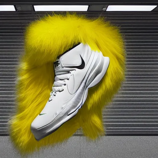 Image similar to poster nike shoe made of very fluffy yellow faux fur placed on reflective surface, professional advertising, overhead lighting, heavy detail, realistic by nate vanhook, mark miner