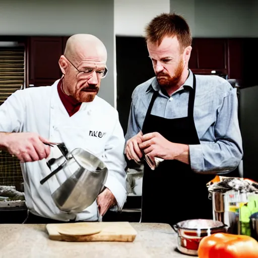 Prompt: walter white and jesse pinkman cooking dinner, high resolution, dslr photo, shot on nikon d 3 2 0 0