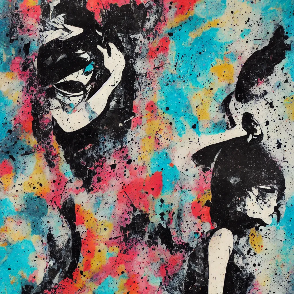 Image similar to girl figure, abstract, jet set radio artwork, ryuta ueda artwork, cryptic, rips, spots, asymmetry, stipple, lines, splotch, color tearing, pitch bending, stripes, dark, ominous, eerie, hearts, minimal, points, technical, old painting, natsumi mukai artwrok, folds