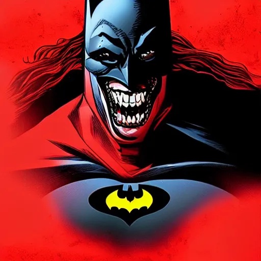 Prompt: the portrait of the Batman who laughs, dynamic lighting, dark and red ambience