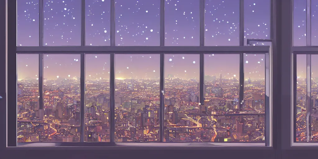 Image similar to night view of the city through a penthouse window, award - winning anime digital art