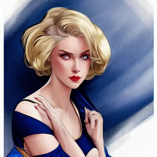 Prompt: a beautiful pin - up portrait of a beautiful cute superhero woman, blonde hair, bob haircut, matte navy - blue bodysuit, white cape, intricate, elegant, 8 k, highly detailed, digital painting, concept art, smooth, sharp focus, illustration, anime, artgerm and loish and wlop and alphonse mucha