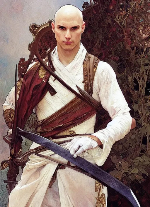 Image similar to a young man with wide, intense eyes. he is bald and clean shaven, dressed entirely in white and holding a huge sword. painting by artgerm and greg rutkowski and alphonse mucha
