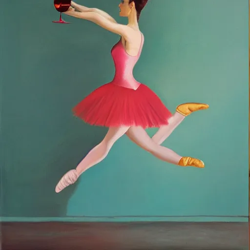 Image similar to painting of a ballerina drinking wine in a teal room, red background