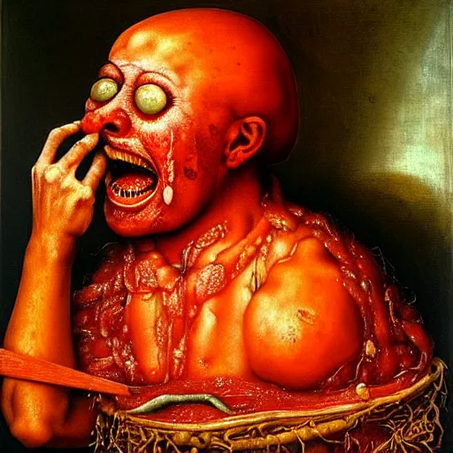 Image similar to a chef sitting in a bathtub full of tomato sauce, looking straight into camera, screaming in pain, by giuseppe arcimboldo and ambrosius benson, renaissance, fruit, intricate and intense oil paint, a touch of beksinski and hr giger, realistic