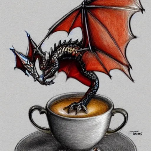 Image similar to fire breathing dragon, the dragon is tiny and near a teacup, fantasy art, artstation, cozy, award winning, stunning drawing