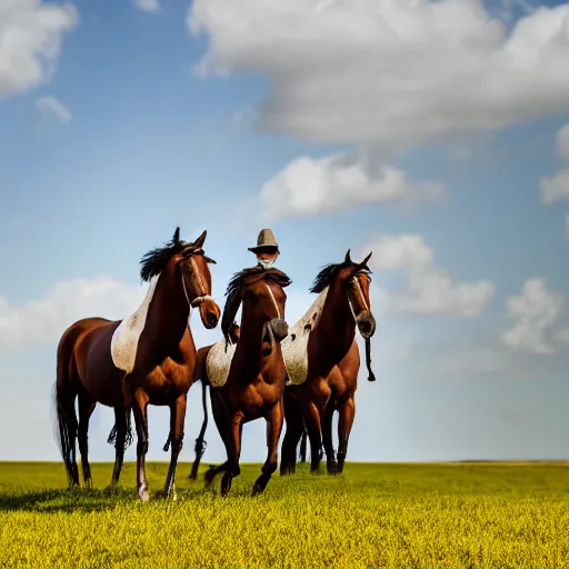 Prompt: 1688 horsemen in a field, 50mm photography, high quality, 4K