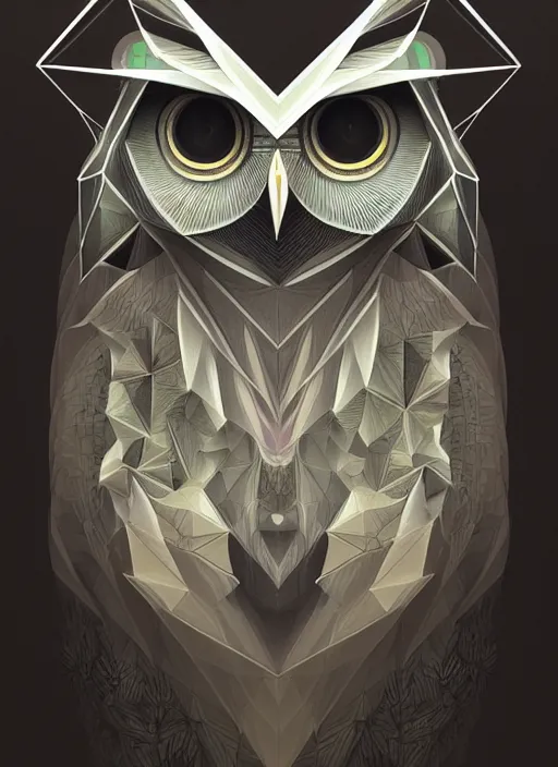 Image similar to portrait of a geometric owl, identical eyes, medium shot, illustration, full body made of white feathers, symmetrical, art stand, super detailed, cinematic lighting, and its detailed and intricate, gorgeous, by peter mohrbacher