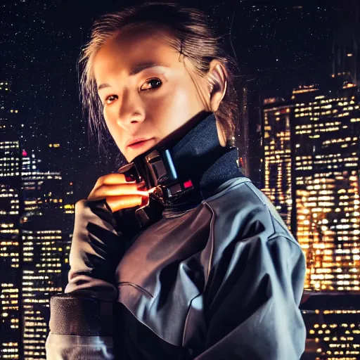 Image similar to photographic portrait of a techwear woman holding a shotgun, closeup, on the rooftop of a futuristic city at night, sigma 85mm f/1.4, 4k, depth of field, high resolution, 4k, 8k, hd, full color, Die Hard, movies with guns, movie firearms, face closeups