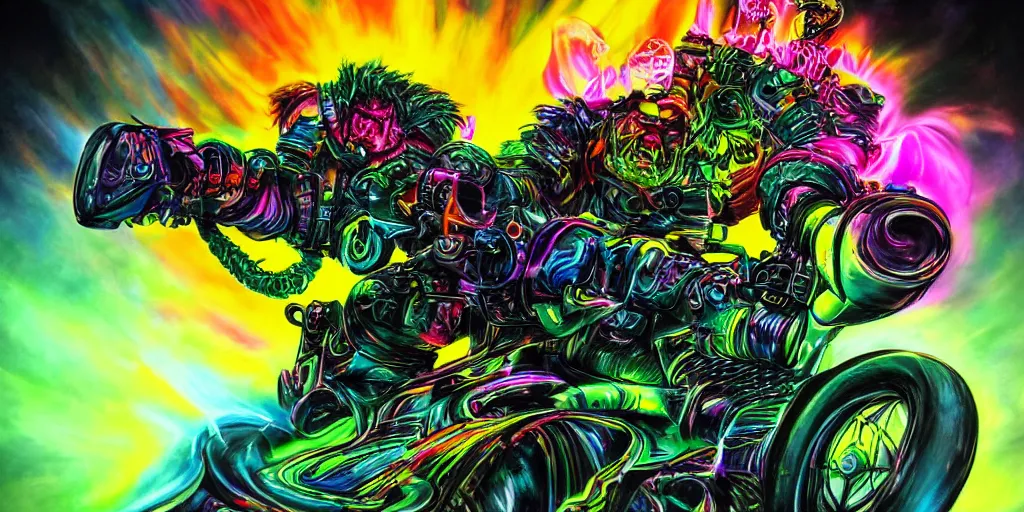 Image similar to psychedelic blacklight neon airbrush artwork, motorcycle, hyper stylized action shot of an orc popping a wheelie on a motorcycle, menacing orc, clear focused details, soft airbrushed artwork, black background, apocalyptic, cgsociety, artstation, peter lloyd art, peter palombi art