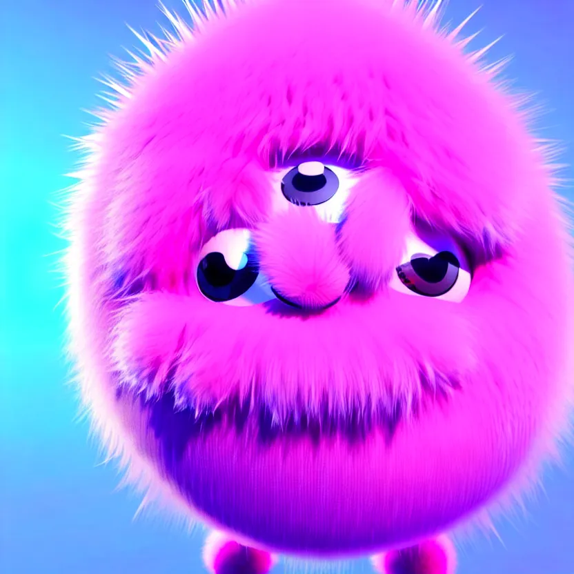 Image similar to high quality 3 d render hyperrealistic very cute big spherical creature, whiskers, plush mascot, short spiky dense fluffy smooth hair, isometric 3 d, psychedelic lighting pink fluffy fur 1 cm long, 1 5 0 mm, smooth background, artstation, ultra detailed, elegant, ultra detailed, octane render