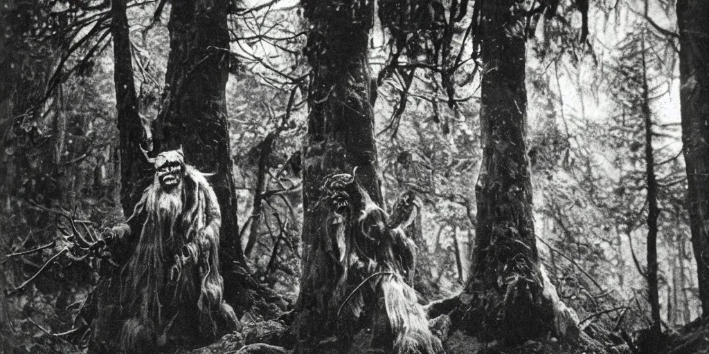 Prompt: 1 9 2 0 s spirit photography of an krampus ghost sitting on a tree in an alpine forest in the dolomites, by william hope, dark, eerie, grainy