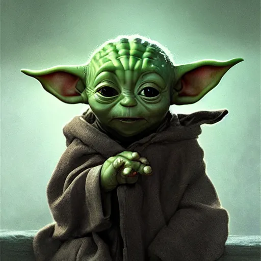 Prompt: baby yoda in the role of frodo from lord of the ring, intricate, elegant, highly detailed, digital painting, artstation, concept art, smooth, sharp focus, illustration, art by artgerm and greg rutkowski and alphonse mucha and william - adolphe bouguereau