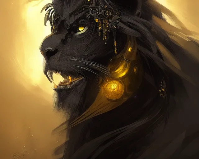 Image similar to black lion with deep big yellow eyes, deep focus, d & d, fantasy, intricate, elegant, highly detailed, digital painting, artstation, concept art, matte, sharp focus, illustration, hearthstone, art by artgerm and greg rutkowski and alphonse mucha