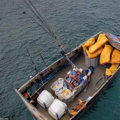 Prompt: a drone photo of a scallop dredge fishing boat with bags of fish and chips falling out the back