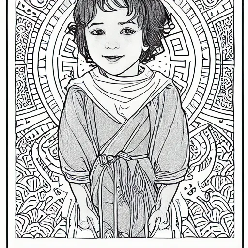 Image similar to clean simple line art of a little boy with short hair. no background. well composed, clean coloring book page, beautiful detailed face. coloring book line art by greg rutkowski and johanna basford and alphonse mucha