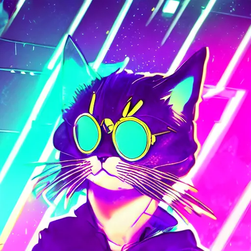 Image similar to anime cat, portrait, vaporwave, synthwave, neon, vector graphics, cinematic, volumetric lighting, f 8 aperture, cinematic eastman 5 3 8 4 film, photorealistic