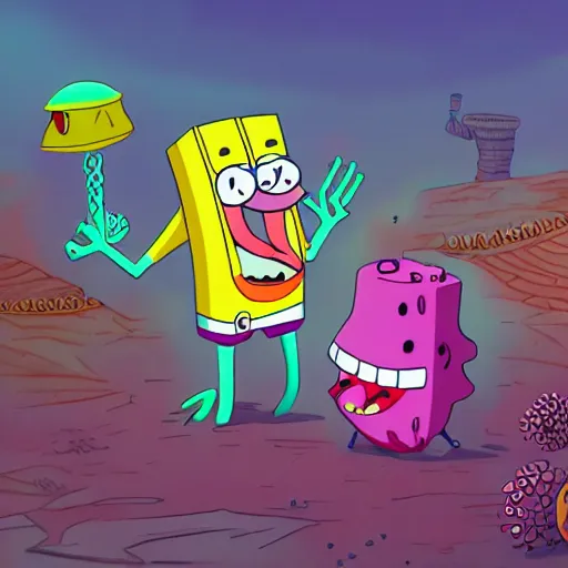 Image similar to bikini bottom drawn by stephen hillenburg, dynamic lighting, fantasy concept art, trending on art station, stunning visuals, creative, cinematic, ultra detailed
