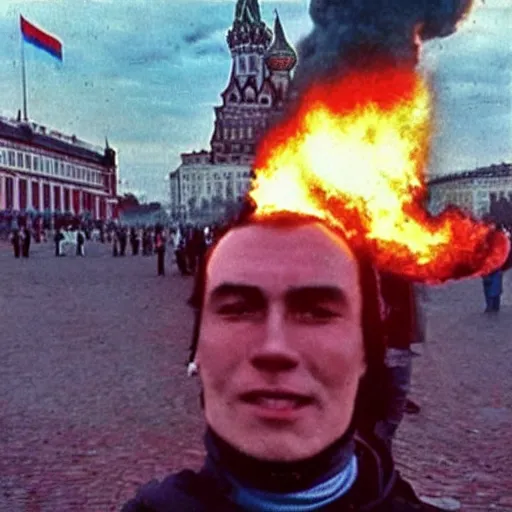 Prompt: the last selfie taken in russia red square, nuclear war, nuclear explosions, russian flag in flames, russian flag burning, terrible mutations and injuries, with a nuclear explosion next to it destroying everything in a second