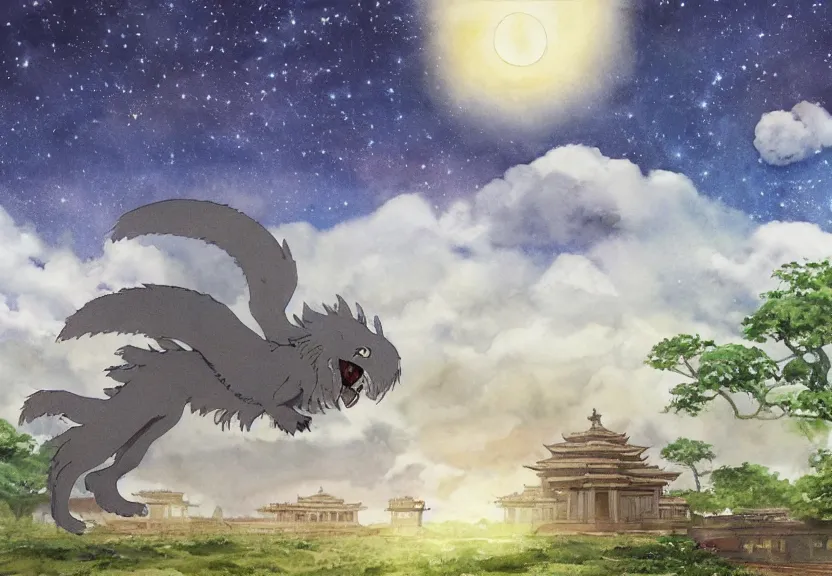 Image similar to a hyperrealist watercolor concept art from a studio ghibli film showing one giant grey griffon. a temple is under construction in the background in india on a misty and starry night. by studio ghibli. very dull muted colors