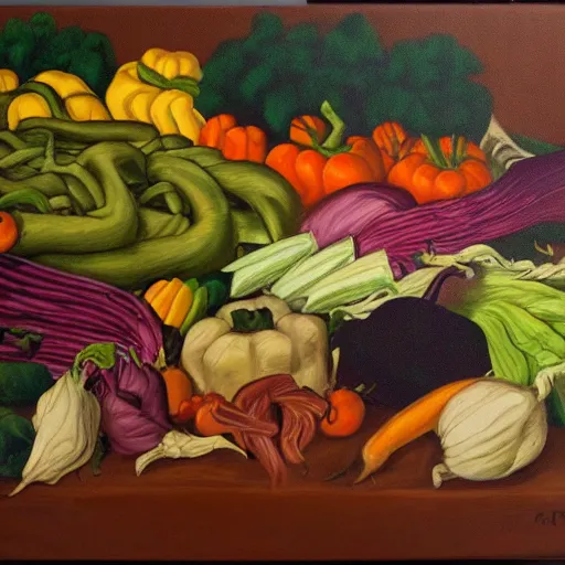 Image similar to a cornucopia of evil vegetables, oil on canvas