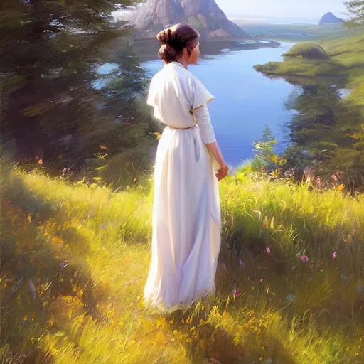 Image similar to Princess Leia, Swedish countryside, landscape view, archipelago, painting by Vladimir Volegov, wlop, artstation