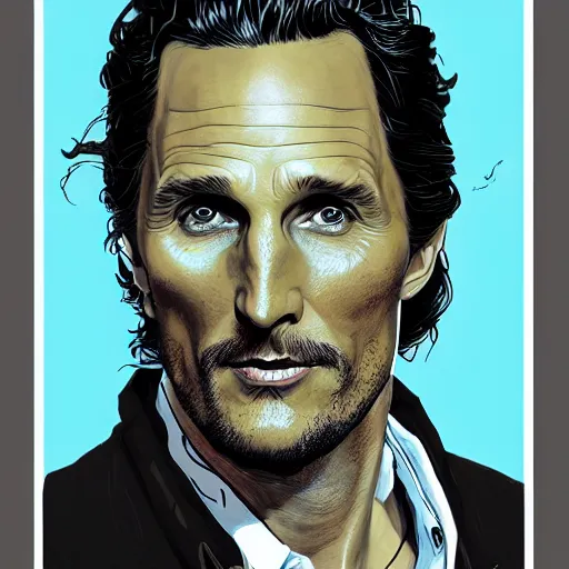 Image similar to a study of cell shaded portrait of matthew mcconaughey concept art, llustration, post grunge, concept art by josan gonzales and wlop, by james jean, Victo ngai, David Rubín, Mike Mignola, Laurie Greasley, highly detailed, sharp focus, alien, Trending on Artstation, HQ, deviantart, art by artgem