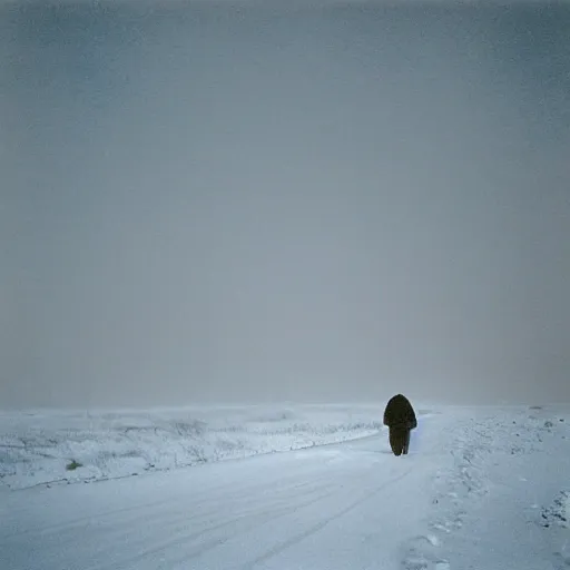 Image similar to photo of shiprock, new mexico during a snowstorm. a old man in a trench coat and a cane appears as a hazy silhouette in the distance, looking back over his shoulder. cold color temperature. blue hour morning light, snow storm. hazy atmosphere. humidity haze. kodak ektachrome, greenish expired film, award winning, low contrast,