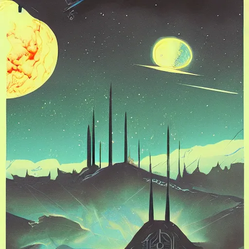 Prompt: dark epic spiritual kingdom of the cosmos, retro dark vintage sci-fi, 2D matte dark gouache illustration,