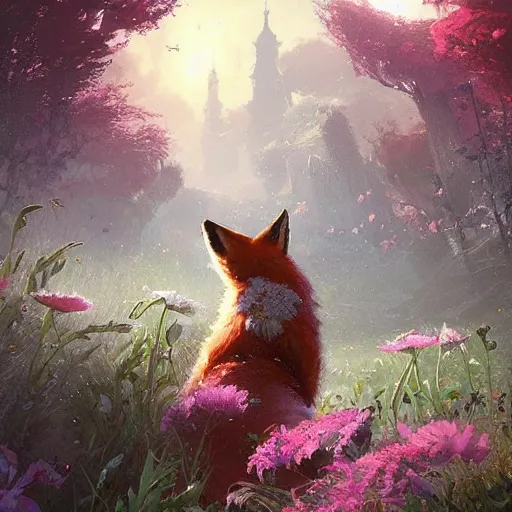 Image similar to a fox surrounded by beautiful flowers, by stanley lau and greg rutkowski