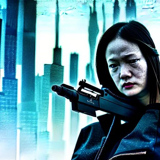 Image similar to digital art of a techwear woman holding a shotgun, holding shotgun down, closeup, on the rooftop of a futuristic city at night, sigma 85mm f/1.4, 4k, depth of field, high resolution, full color, award winning photography, Kill Bill, John Wick, Die Hard, movies with guns, movie firearms, trending on art station