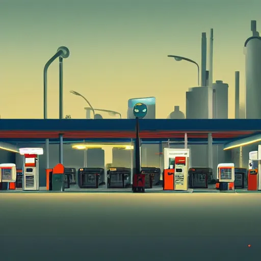 Image similar to a gas station at night by emiliano ponzi, george ault, featured on polycount, bauhaus, concept art, matte drawing, reimagined by industrial light and magic