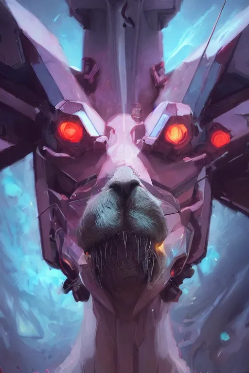 Prompt: closeup portrait of an evangelion beast mode llama, cyberpunk concept art by pete mohrbacher and artgerm and wlop and greg rutkowski and deathburger, digital art, highly detailed, intricate, sci-fi, sharp focus, Trending on Artstation HQ, deviantart, unreal engine 5, 4K UHD image, daily deviation, masterpiece llama art