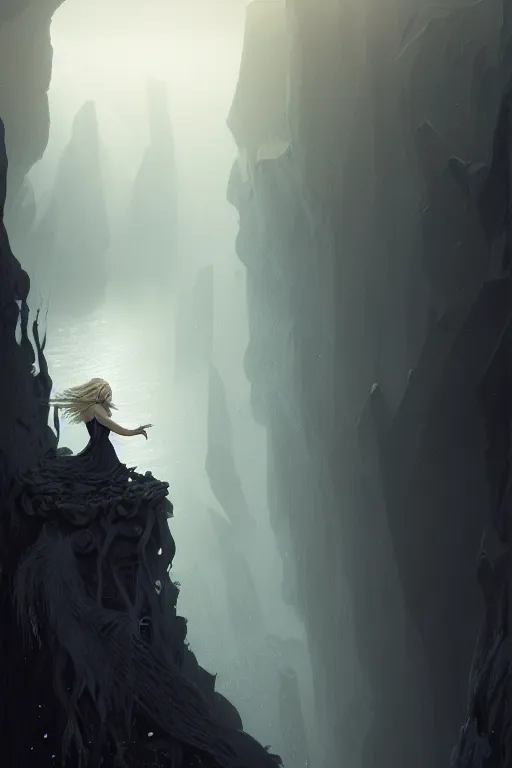 Image similar to A beautiful Norse Goddess with long flowing blonde hair on a ledge od deep abyss fantasy, intricate, elegant, highly detailed, D&D, digital painting, artstation, concept art, matte painting, sharp focus, illustration, extremely moody lighting, glowing light and shadow, atmospheric, shadowy, cinematic, in the style of Greg Rutkowski and artemisia gentileschi and Alphonse Mucha