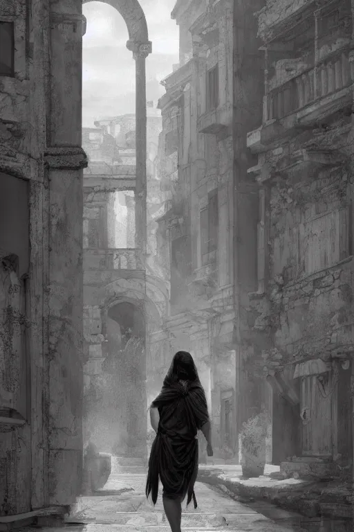 Image similar to antique greek city, portrait, powerfull, intricate, elegant, black and white volumetric lighting, scenery, digital painting, highly detailed, artstation, sharp focus, illustration, concept art, ruan jia, steve mccurry