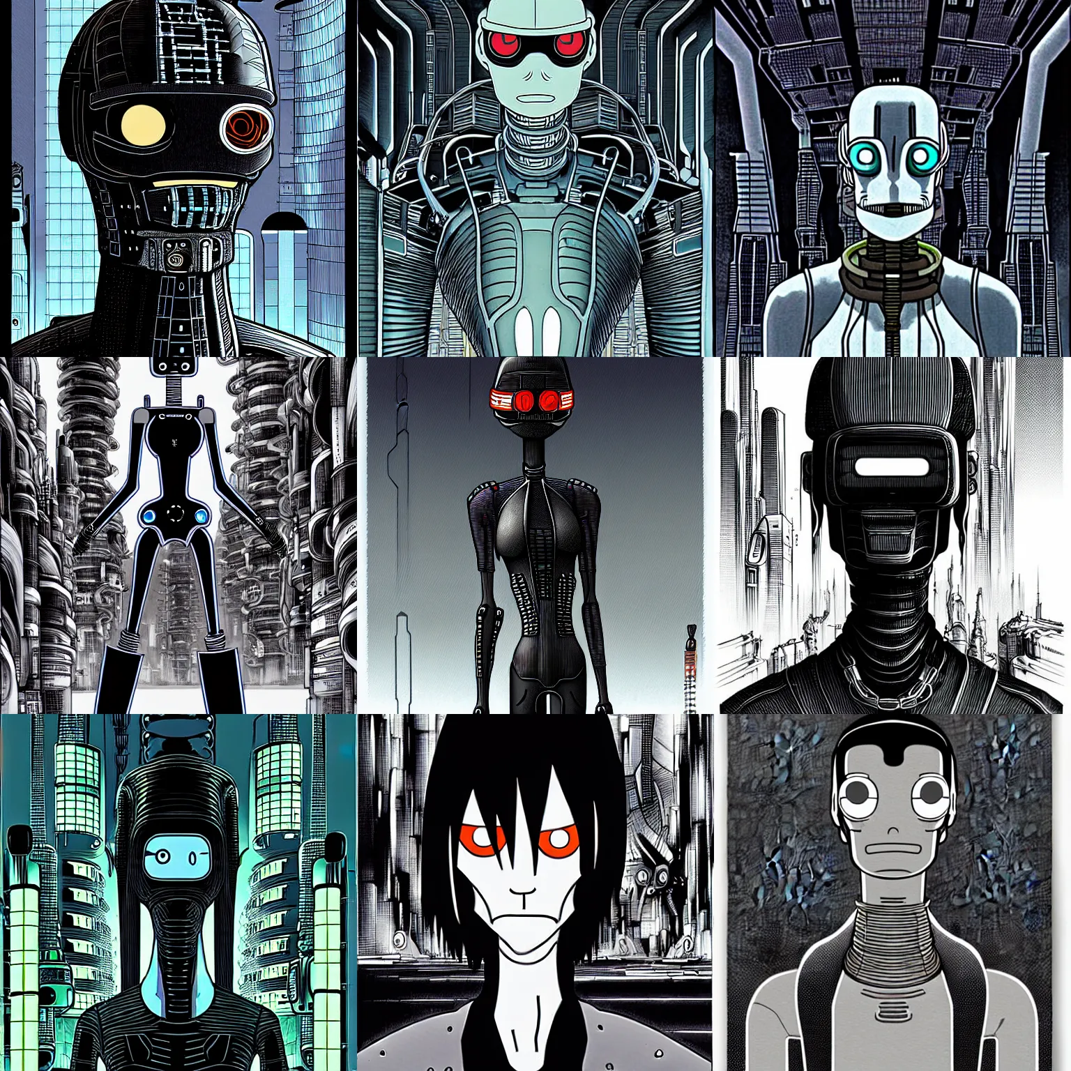 Prompt: portrait bender from futurama in futuristic city, by tsutomu nihei, by h. r. giger