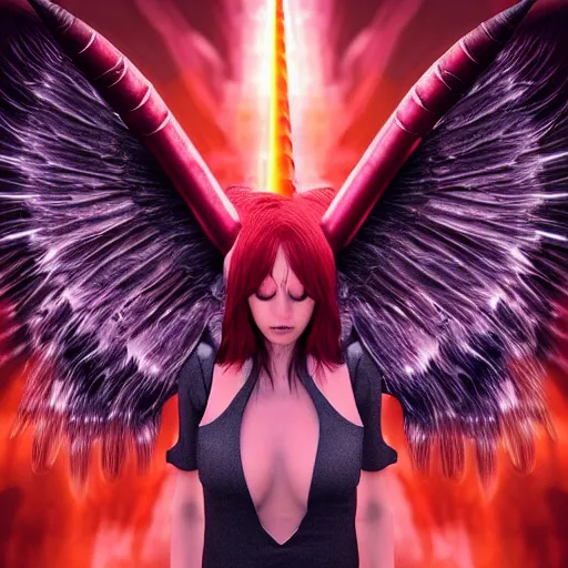 Prompt: woman - unicorn horn hybrid red angel - wings, stunning, realistic, fiery scenery, symmetric portrait, sparky metallic, unreal engine 5, cinematic lights, high detail, fantasy digital art, trending in artstation