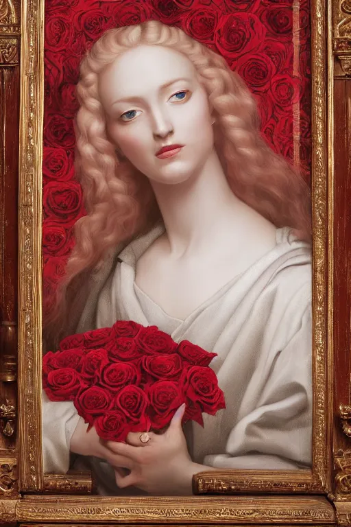 Prompt: hyperrealism close-up mythological portrait of a medieval female merged with huge number of crimson roses, dark palette, pale skin, wearing silver silk robe, in style of classicism