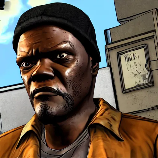 Image similar to samuel l. jackson walking dead telltale, jules pulp fiction, telltale games style, symmetric!!, 4 k full hd,