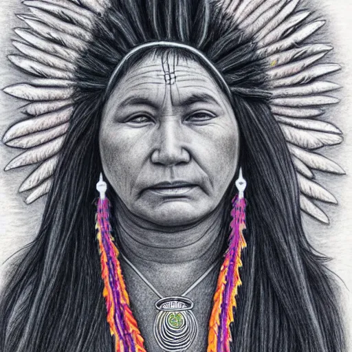 Image similar to a beautiful first nation woman, ultra detailed colored pencil drawing in style bellerose and desjarlais,