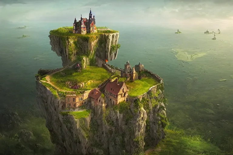 Image similar to an enchanting castle on a cliff by gediminas pranckevicius, overlooking a beautiful vast landscape by, aerial view