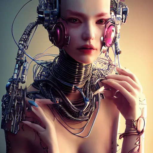 Image similar to the portrait of an absurdly beautiful, graceful, sophisticated, fashionable cyberpunk gynoid gravure idol, an ultrafine hyperdetailed illustration by kim jung gi, irakli nadar, intricate linework, neon wiring, porcelain skin, unreal engine 5 highly rendered, global illumination, radiant light, detailed and intricate environment