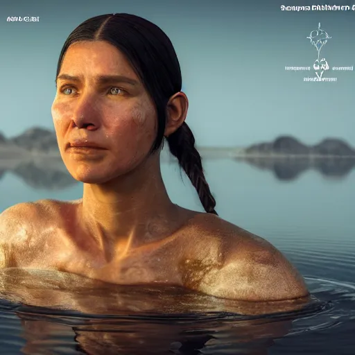 Image similar to hyperrealistic film full body still of sacagawea in river, inspired by istvan sandorfi & greg rutkowski & unreal engine, perfect facial symmetry, dim volumetric cinematic lighting, 8 k octane comprehensive render, extremely hyper - detailed, incredibly lifelike attributes, intricate, real flesh texture, masterpiece, artstation, stunning,