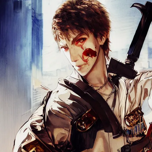 Image similar to portrait of a young white hero using his right arm to hold his sword covering his eye by yoji shinkawa, high quality, extra details, realism, ornate, colored, golden chain, blood, white skin, short hair, brown eyes, vivid, sunlight, headband, eyepatch, white american soldier, painting, cybernetics, military