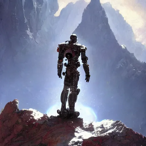 Prompt: robotic warrior standing on top of a mountain with a beautiful cosmic background by by norman rockwell, jack kirby, bergey, craig mullins, ruan jia, jeremy mann, tom lovell, deviantart, cgsociety, trending on artstation, award winning, 8 k resolution, sharp focus