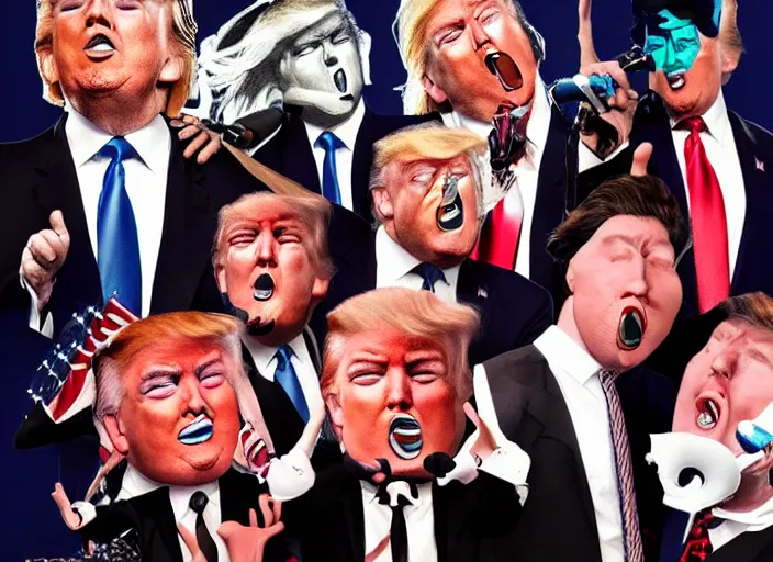 Image similar to donald trump kiss rock band, detailed facial expressions, surrealist aesthetic